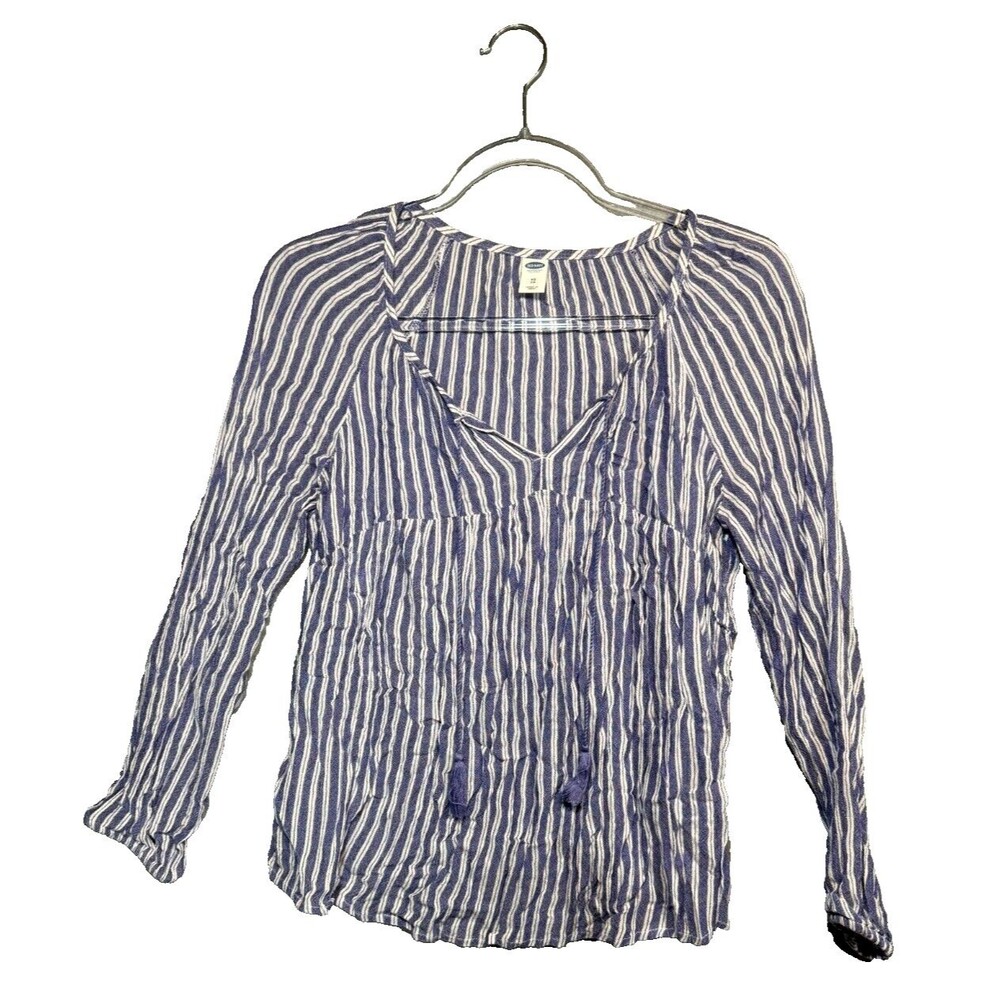 Old Navy Striped Long Sleeve V-Neck Tassel‎ Blouse Top Shirt Women Size XS Blue